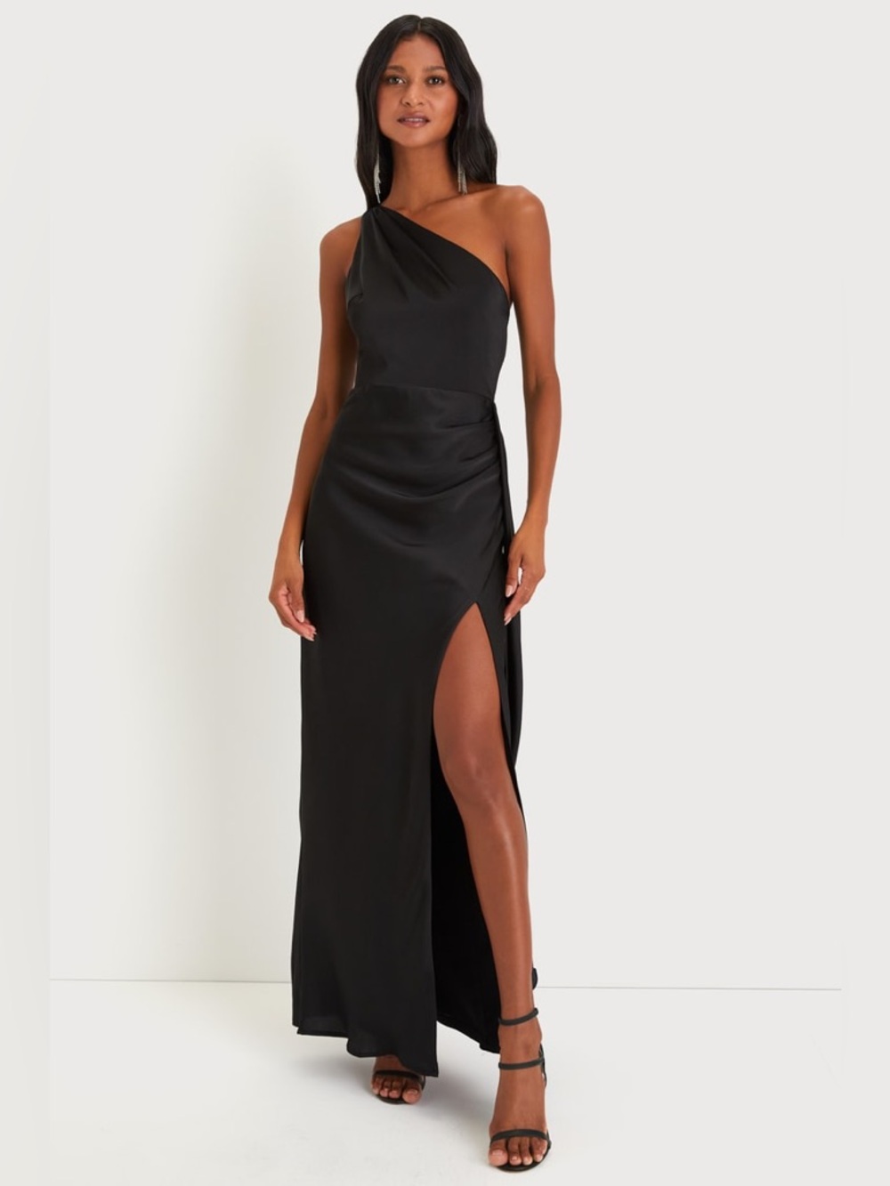 Lulus Signature Elegance Black Satin One-Shoulder Maxi Dress Size S